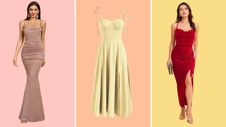 Collage of photos of three prom dresses available at Shein.