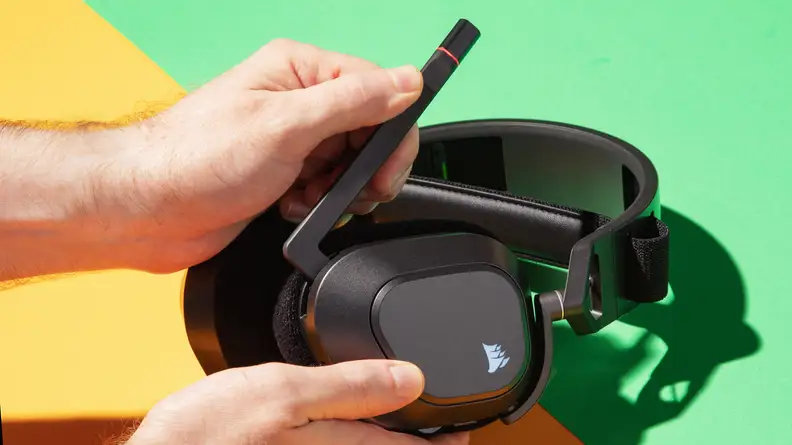 A black gaming headset with boom mic extended