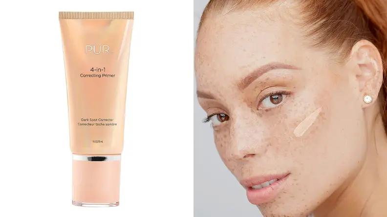 On the left: A peach bottle of makeup primer. On the right: A person with a peach-toned primer swatch on their face.