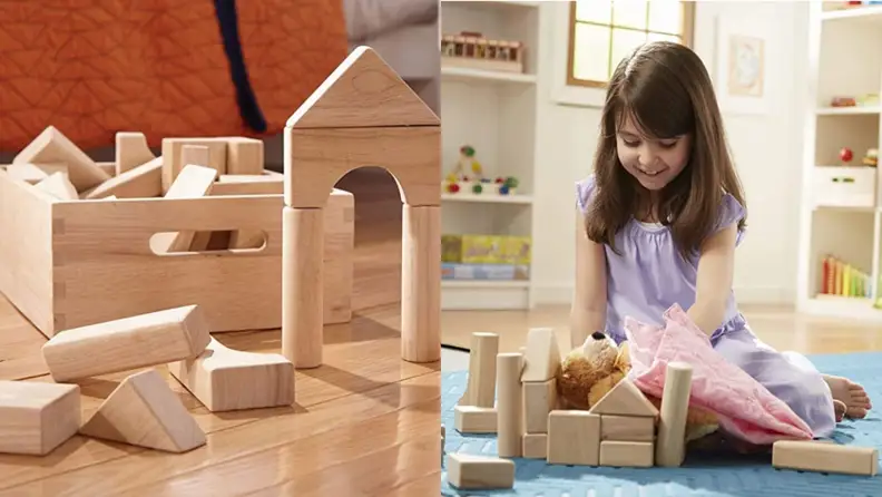 A child building with wooden blocks.