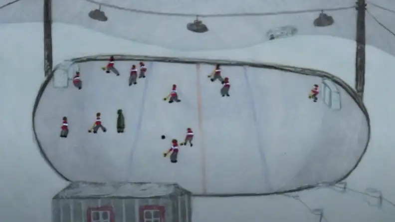 An animated frame of a hockey game on a frozen pond.