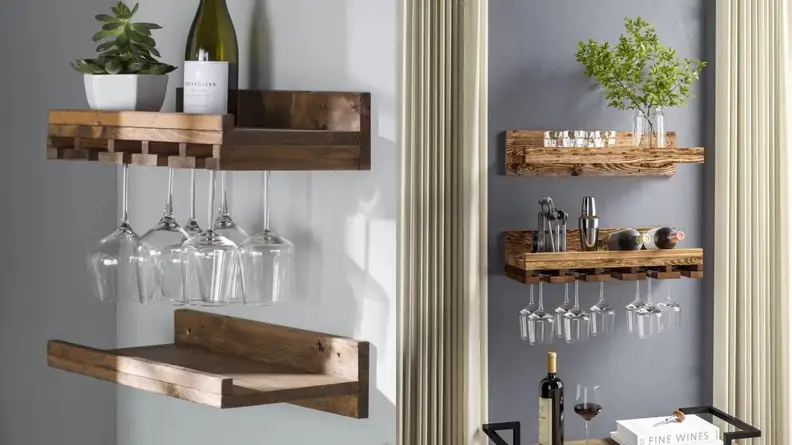 Two floating wine racks arranged in two different ways