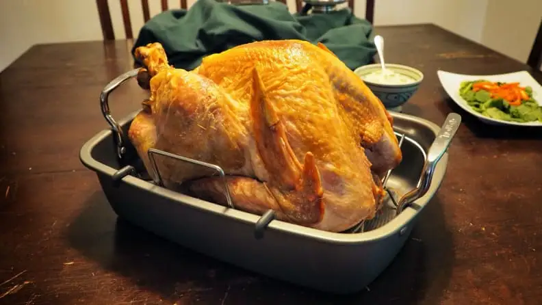 Make sure you buy a roasting pan with a rack—this is key to a tasty bird.