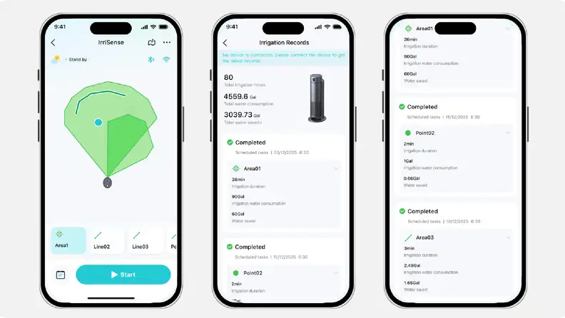 Three side-by-side smartphone screens displaying the IrriSense mobile app interface for the Aiper IrriSense 2, showing irrigation area mapping, total water consumption statistics, and completed watering schedule records.