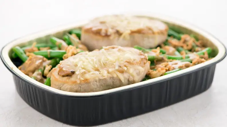 Mushroom Smothered Pork Chops with Roasted Green Beans