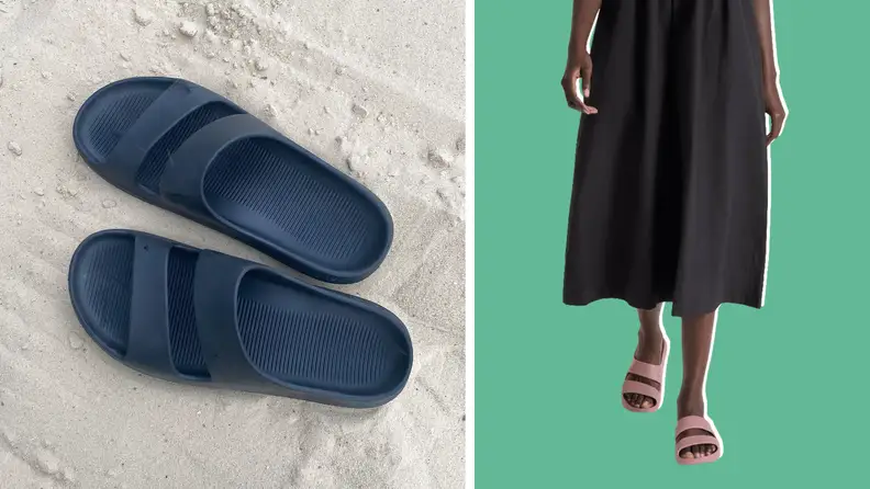 Black sandals on a beach, and also a model wearing the same sandals in mauve.