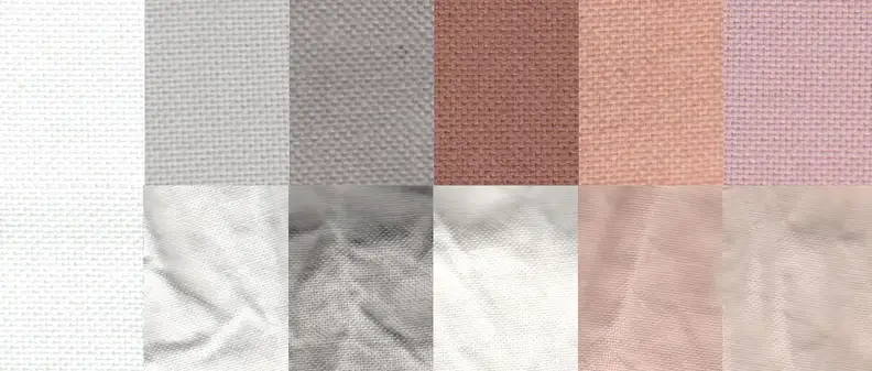 Before and after test stain results using the Normal cycle. From left to right: control, sweat, dirt, blood, cocoa, and red wine.