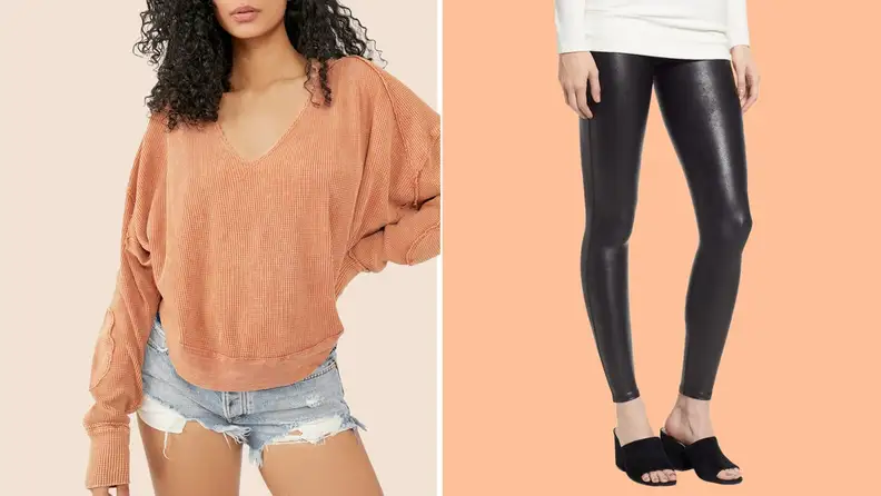 orange sweater  / leather leggings