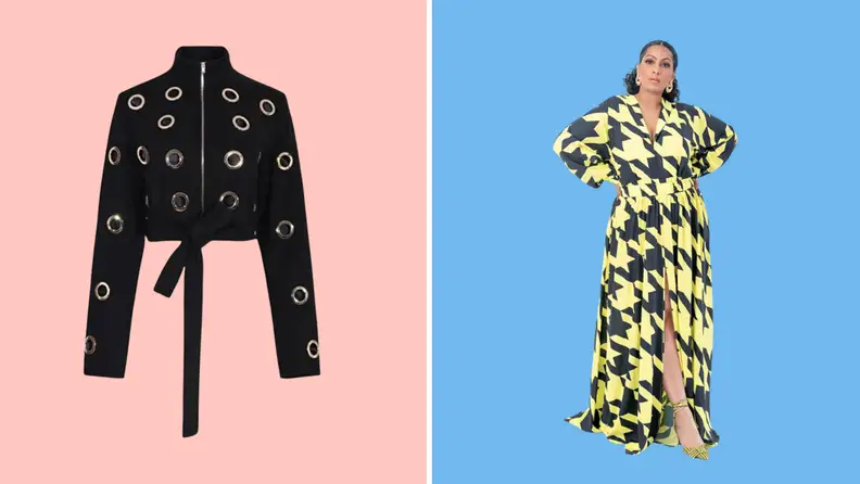 A black coat with wide rivets, and a yellow houndstooth dress.