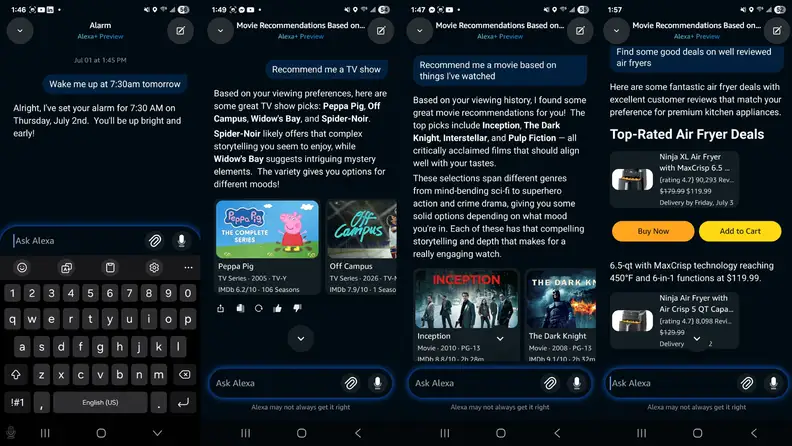 Four screenshots side by side showing Alexa+ setting an alarm and researching movies, tv shows, and air fryers