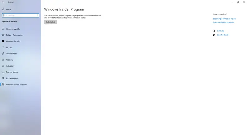 The default Windows Insider screen
