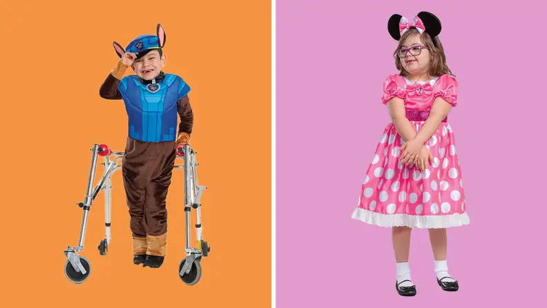On left, child using walker while wearing Paw Patrol Halloween costume. On right, small child wearing Minnie Mouse Halloween costume.