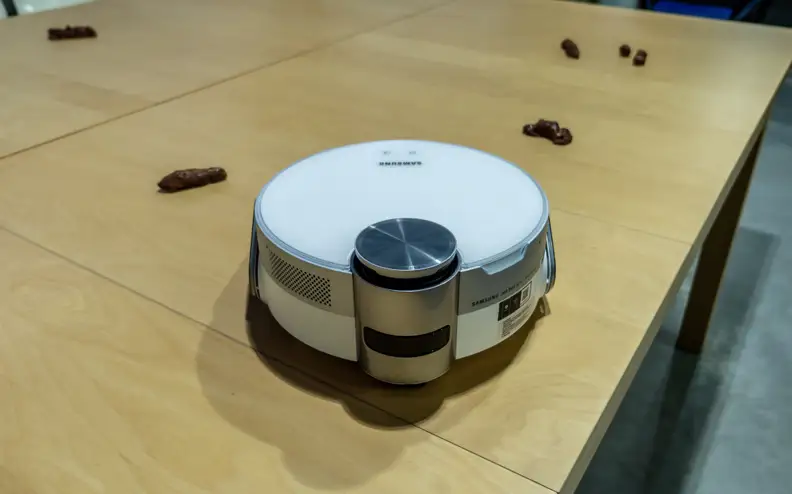 The Samsung JetBot A.I.+ attempting to navigate around excrement.