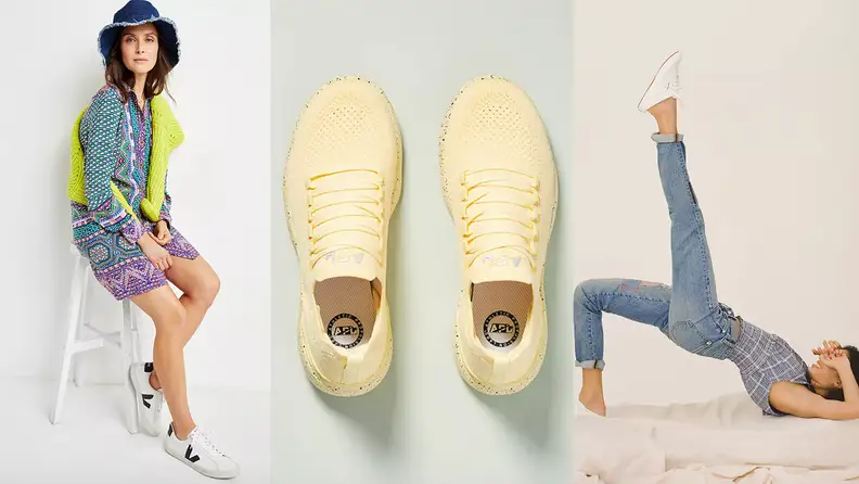 Two women in sneakers, one pair of sneakers in the middle not being worn, among the best things to buy at Anthropologie.