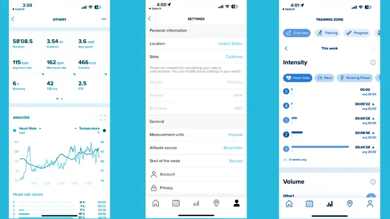 Three side-by-side screen captures of the Suunto app, showing various health metrics.
