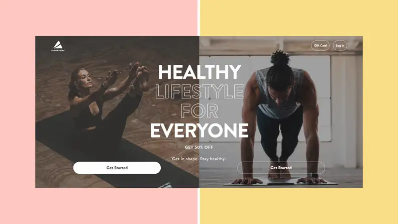 A screenshot of the Asana Rebel home page on their website. Featuring a woman doing a sit on a yoga matt and a man doing a push-up.