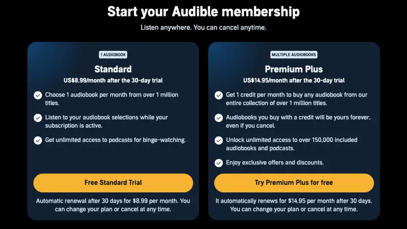 Screenshot of two Audible pricing plans: the Standard plan for $8.99/month and the Premium Plus for $14.95