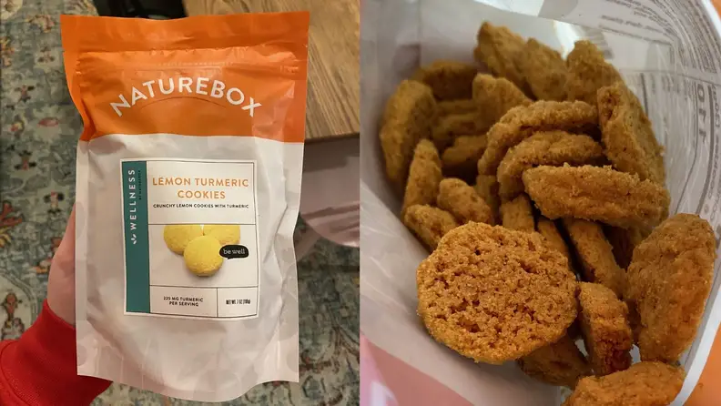 Left: An outstretched hand holds a white and orange package of Lemon Turmeric Cookies, featuring a photo of bright yellow cookies on the front. Right: A photograph of the inside of the Lemon Turmeric Cookie bag, where you can see that the actual cookies are more orange and less uniform in size.