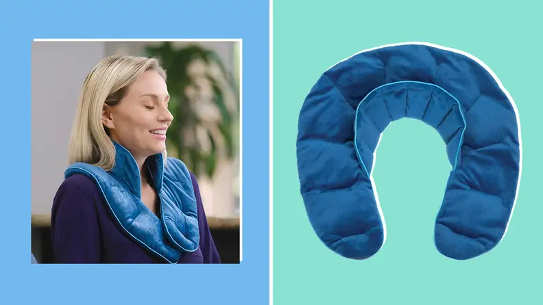 A woman wearing a cooling shoulder wrap, next to an image of the shoulder wrap itself against a teal background