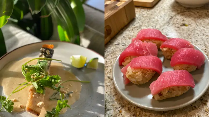 On the left, there's a grilled piece of salmon with lime wedges and on the right, there's tuna sushi.