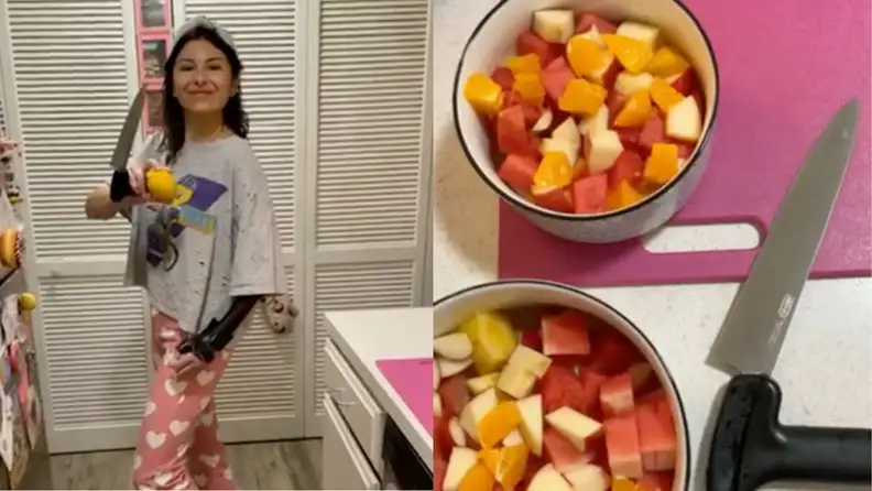 Right: A person holds an ergonomic Swedish chef knife in their left hand, which is a prosthetic. Left: Two bowls filled with fruit that was cut using the Swedish chef knife arranged on a counter next to a pink cutting board and the knife itself.