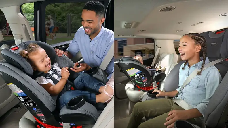 A frame of a toddler laughing in her car seat. Another frame of a 10 year old in the same seat.