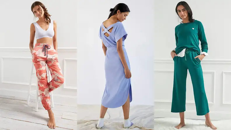 Three women in loungewear, among the best things to buy at Anthropologie.