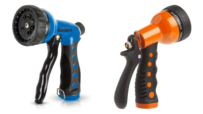 Two pistol-style hose nozzles with triggers to squeeze to spray water.