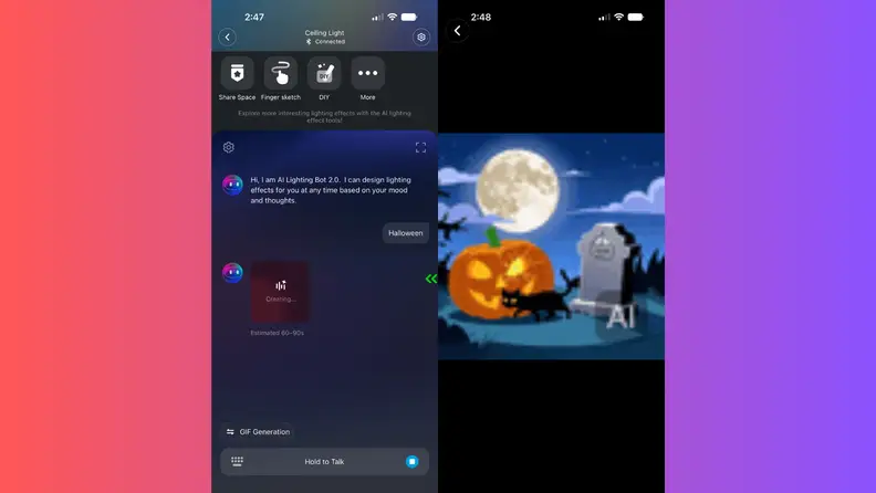 Mobile app interface showing AI-powered lighting customization tools that generate themed lighting effects based on user prompts and moods.