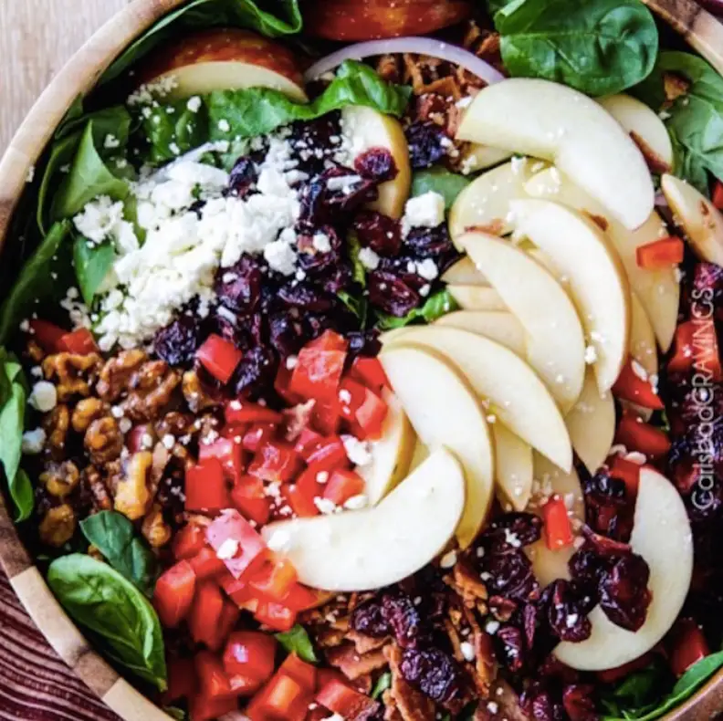 Apple Cranberry Bacon Candied Walnut Salad with Apple Poppy Seed Vinaigrette