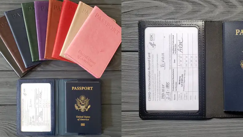 Assorted, multi-colored passport book. On right, vaccination card inside of passport book.