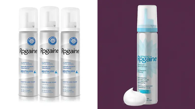 On the left: Three bottles of men's Rogaine hair growth. On the right: A bottle of women's Rogaine with a dollop of the product next to the bottle.