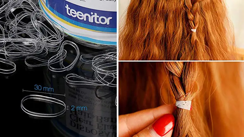 On the left: a jar of clear hair bands. On the right: a braid with a clear hair band at the end.