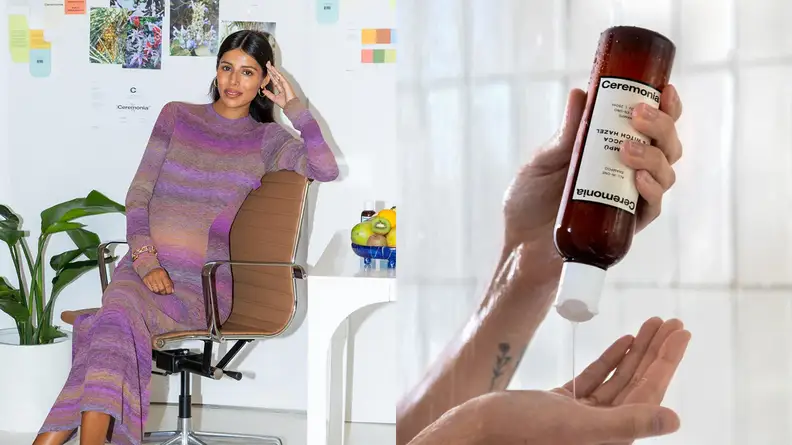 On the left: The founder of Ceremonia sitting in a chair. On the right: A hand holding a bottle of Ceremonia shampoo upside down and squeezing it into the other hand.