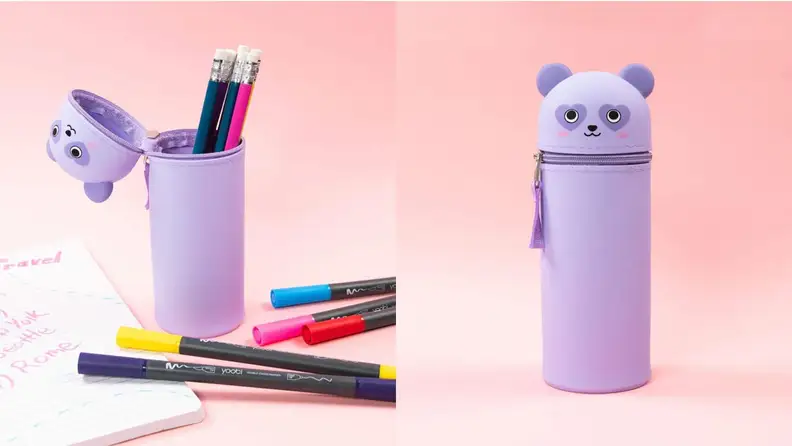 On left, purple panda pencil case holding pencils next to markers and notebook. On right, product shot of purple panda pencil case.