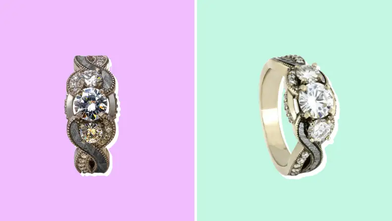 A collage of an engagement ring from Jewelry by Johan shown from two different perspectives.