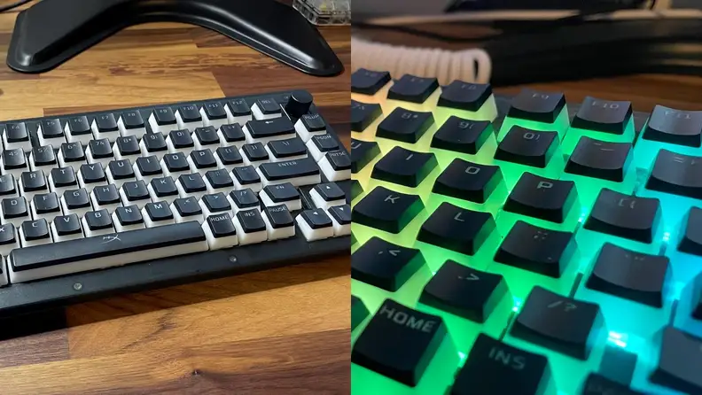 Side-by-side shots of a finished keyboard and another of the same keyboard but glowing.