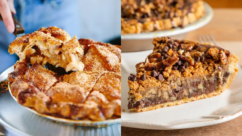 Left: A hand slicing into an apple pie. Right: a slice of chocolatey pie on a dish