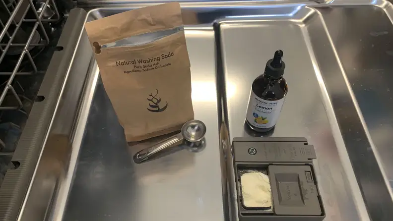 DIY dish detergent ingredients: washing soda and lemon essential oil