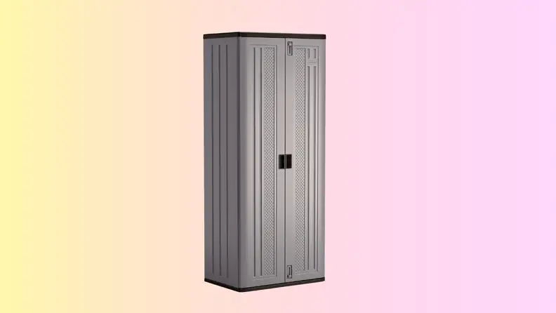 The 72-inch freestanding cabinet has shelving inside and a slide lock at the top and bottom