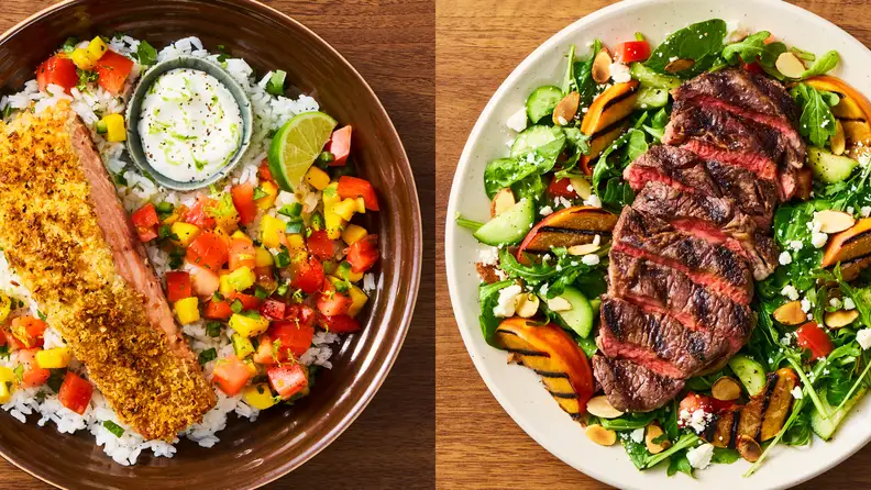 A colorful display of HelloFresh meals featuring crispy salmon with rice and mango salsa alongside grilled steak over a fresh salad with vegetables and almonds.