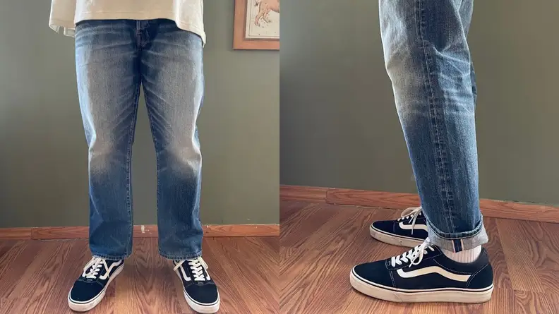 Loose Denim jeans from AE77 in a 10-year medium wash.