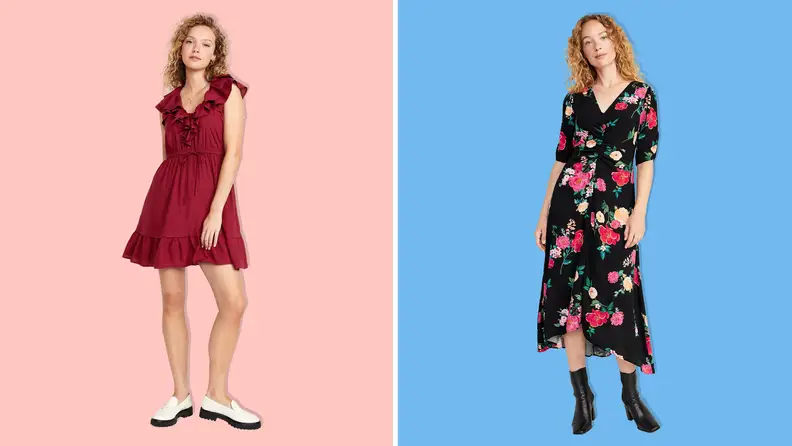 A woman wearing a red dress and a woman wearing a dress with flower accents on a punk and blue background.