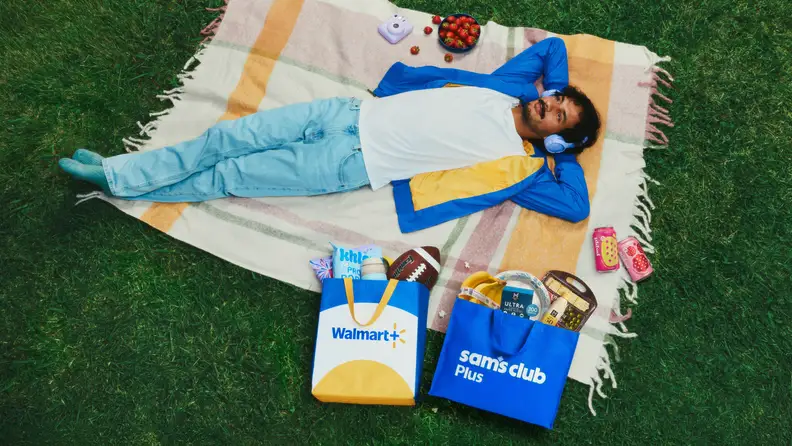 Man relaxing on a picnic blanket surrounded by Walmart+ and Sam’s Club Plus tote bags filled with groceries and household items