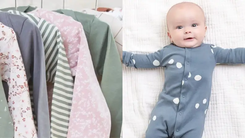 On left, assorted children's clothing hanging up in closet. On right, infant wearing blue and white spotted onesie.