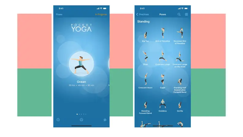 Screenshots of the Pocket Yoga phone app.