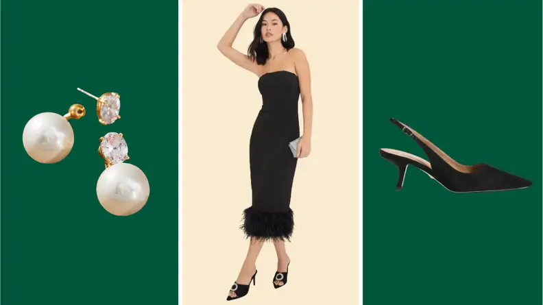 A model wearing a black midi dress with feather trim, a pair of pearl and crystal drop earrings, and a black slingback heel.