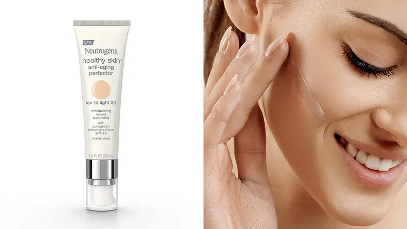 On the left, the Neutrogena Healthy Skin Anti-Aging Perfector in a light shade stands on a white background. On the right, a lighter-skinned woman looks down while sweeping the foundation across her cheek bone with her fingers.