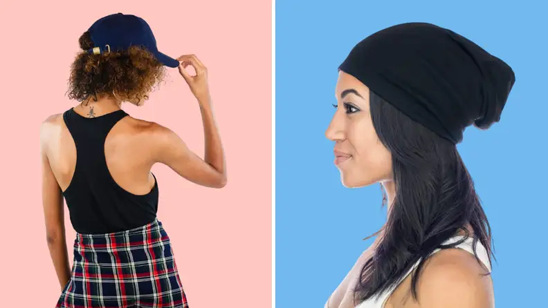 A baseball cap and a black beanie.