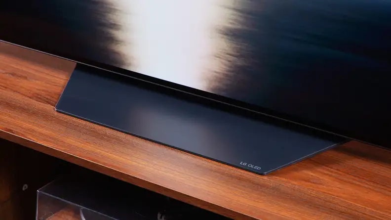A closeup of the LG B2's stand.